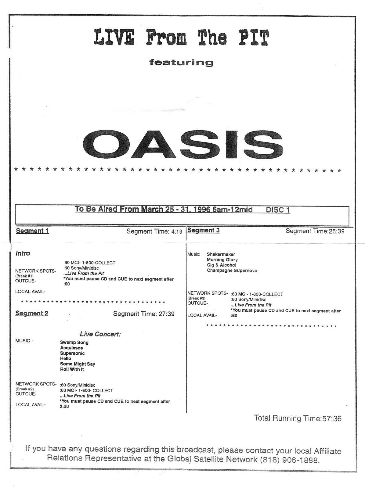 Oasis at Patriot Centre; Fairfax, VA - March 7, 1996